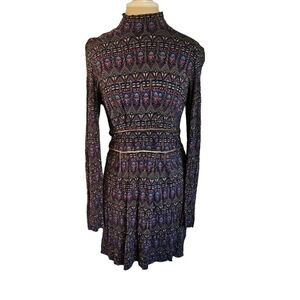 French Connection Purple Geometric  Gold Waist Dress size 12 Mockneck